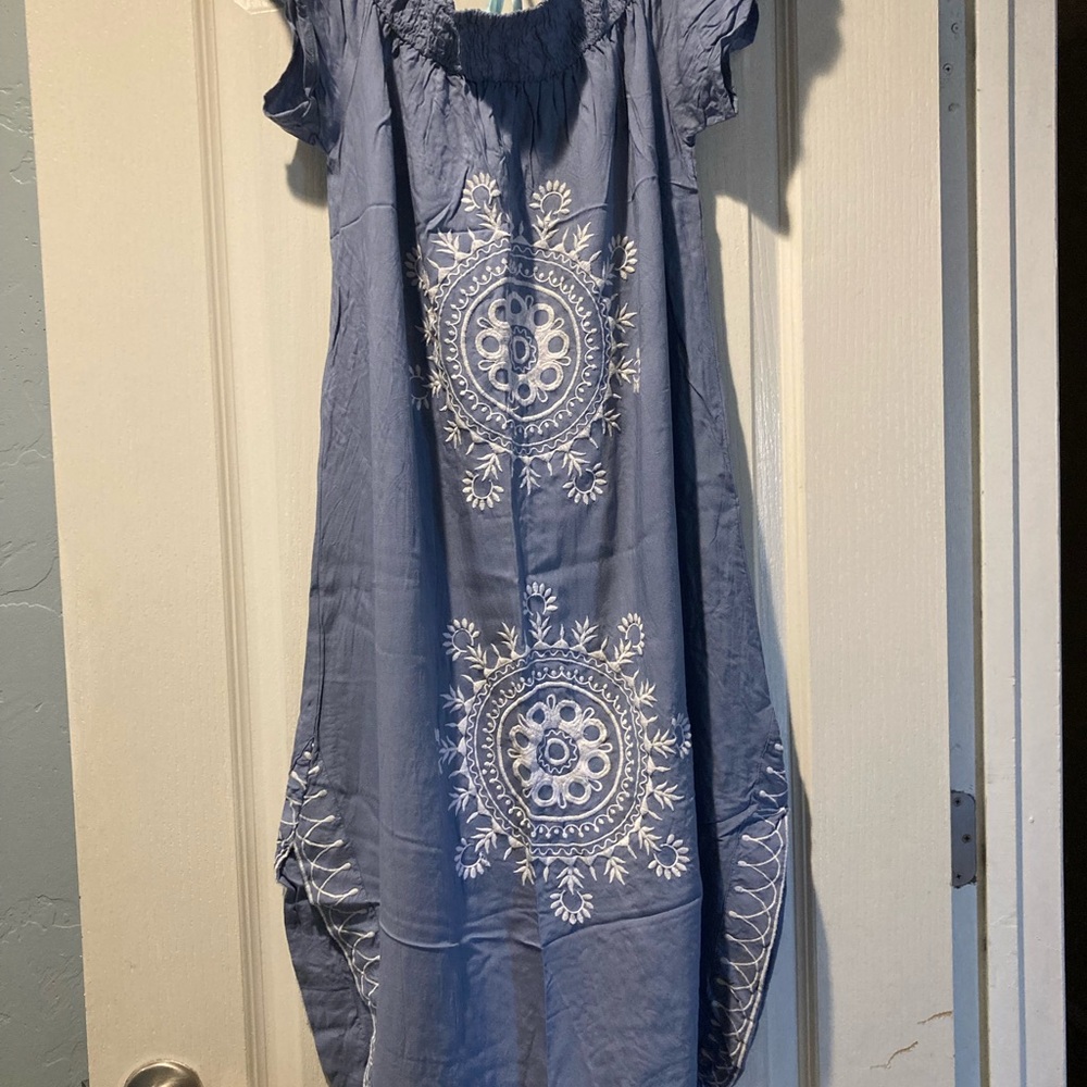 Mud Pie Off-Shoulder Maxi with White Embroidery